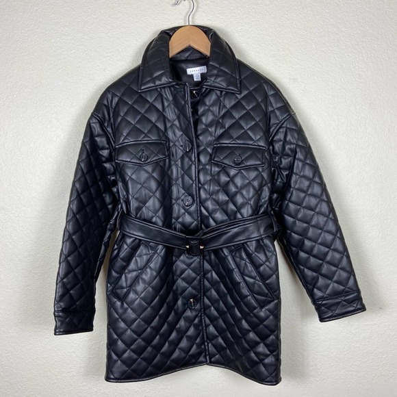 NEW Topshop Quinn Quilted Trench Jacket Black Faux Leather Belted Puffer Size 4 - Picture 2 of 9